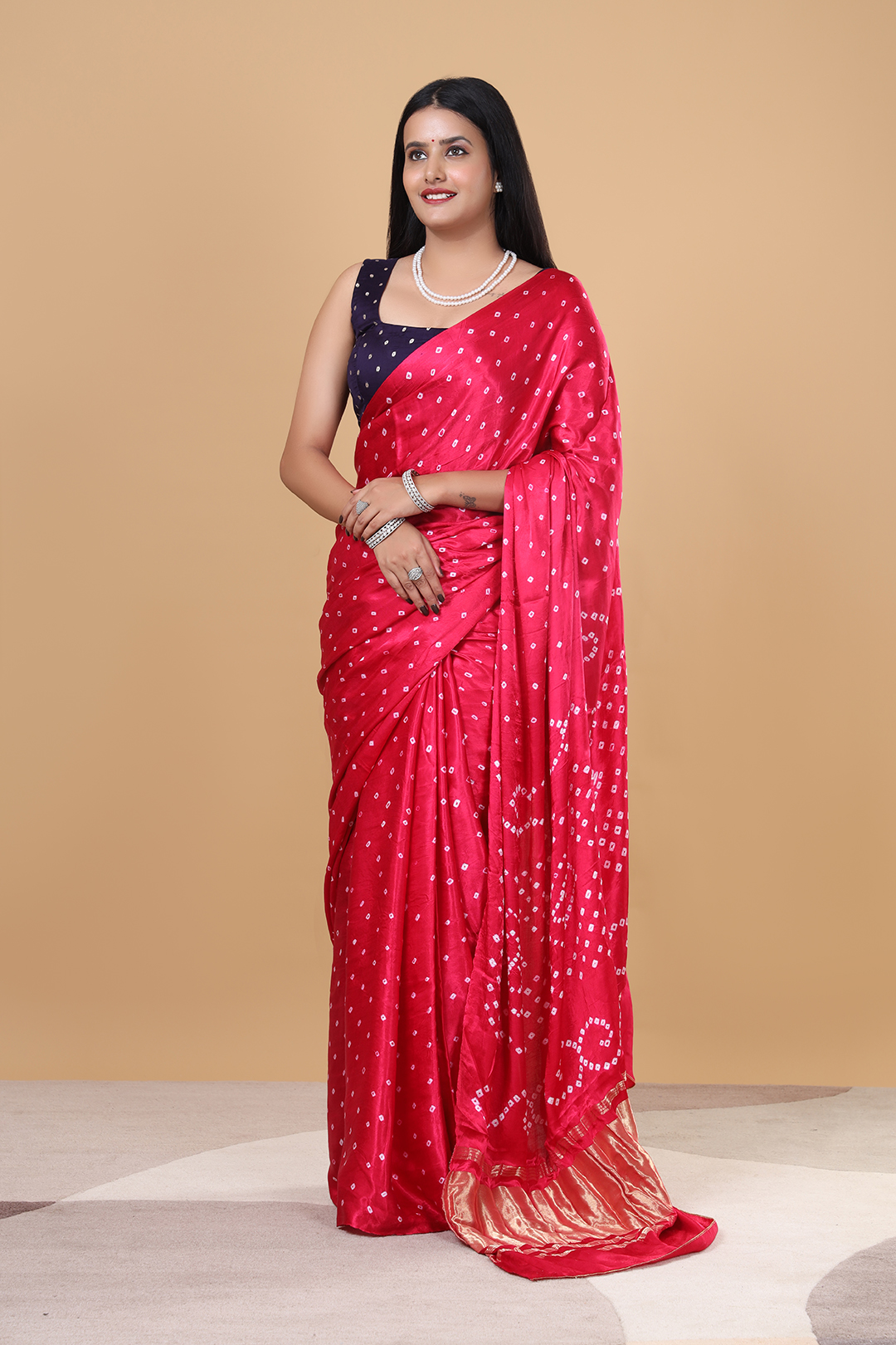 V Glame Solid Dark Pink Gajji Bandhej Saree with Full Bandhej Zari Pallu